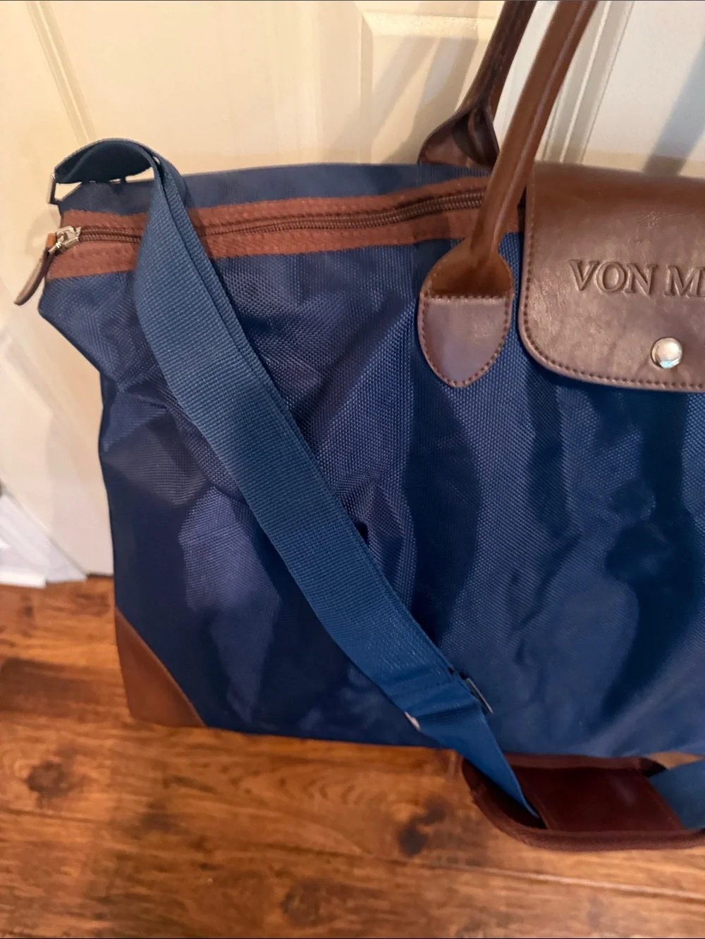 XL Navy Weekender Duffel Bag with Brown Trim